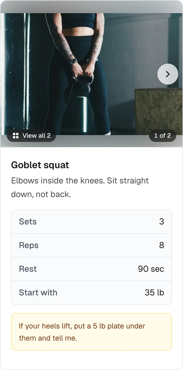 The first exercise as a Sendset on a phone: a photograph of the movement, the exercise name, a one-line coaching cue, a table of sets, reps, rest and starting weight, and a highlighted note from the trainer.